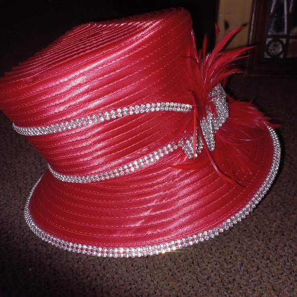 Vibrant Red Whismical Hat with Circular Design Bling And Feathers. main image 14